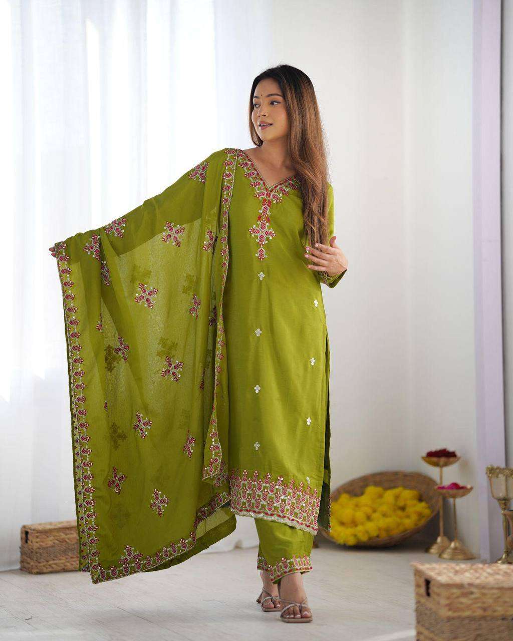 Women's Chinnon Silk Embroidery Sequence Work and Lace Work Straight Kurti With Pant and Dupatta - Image 4