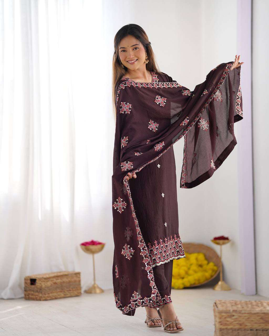 Women's Chinnon Silk Embroidery Sequence Work and Lace Work Straight Kurti With Pant and Dupatta - Image 13